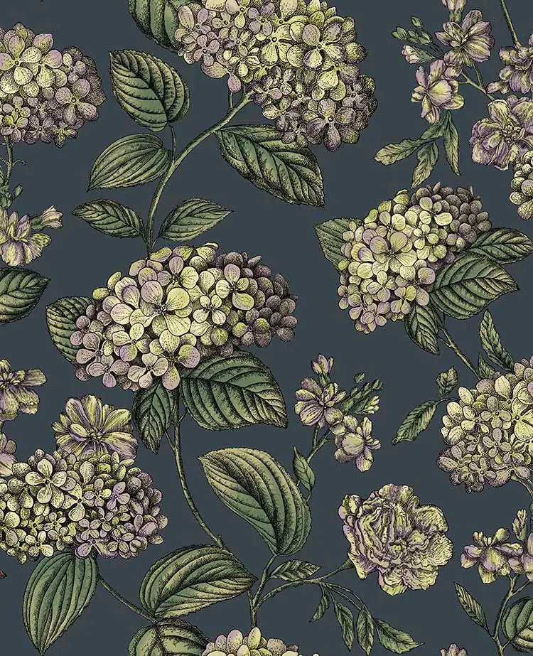 Carta da parati Ramo di Ortensia Lime and Purple on Ink Cole & Son