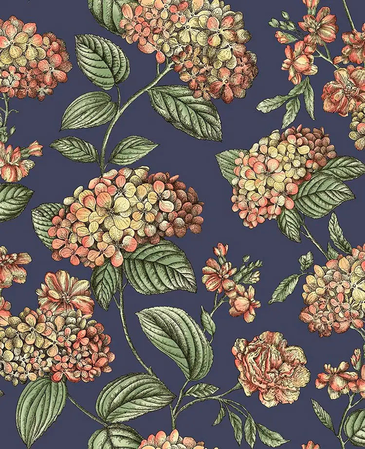 Carta da parati Ramo di Ortensia Coral on Dark Blue Cole & Son